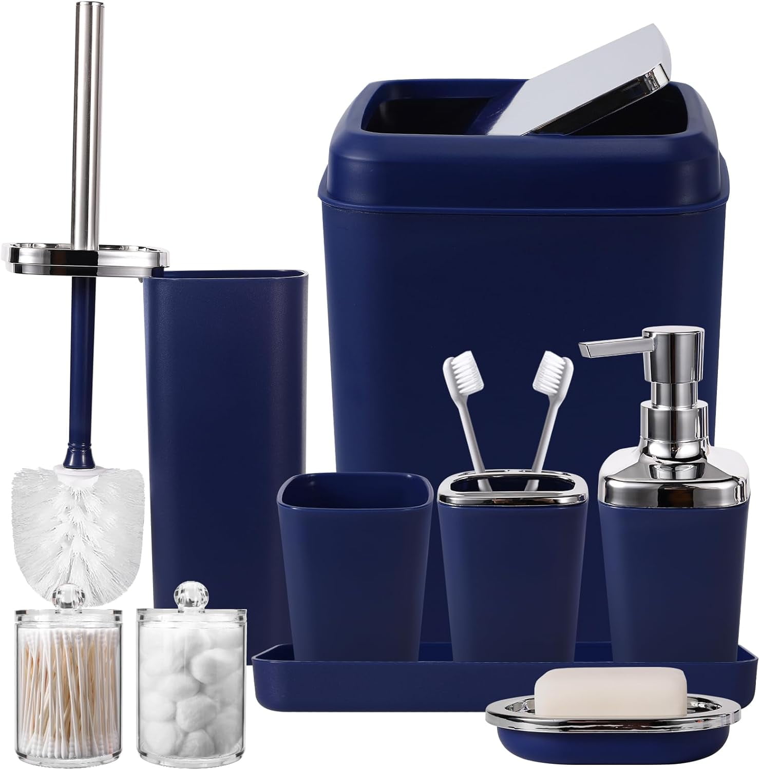 Navy Blue Bathroom Accessories Set, 9-Piece Plastic Gift Set with Trash ...