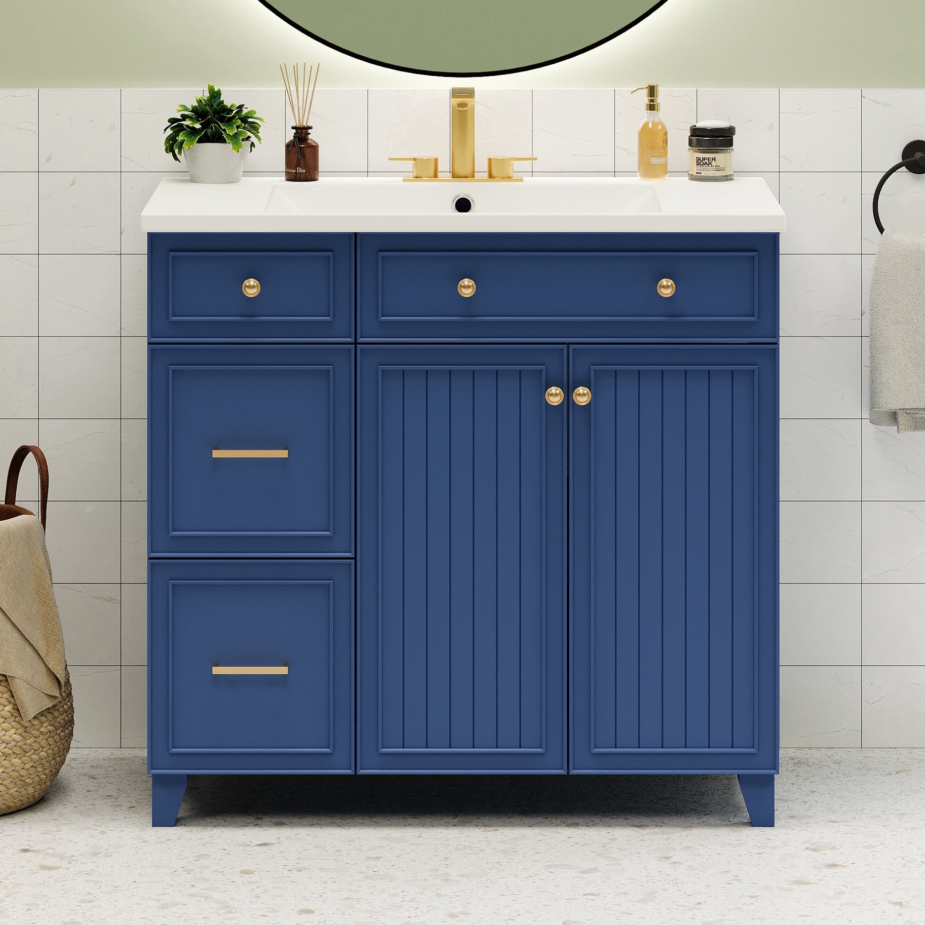 Navy Blue Bathroom Cabinet, 36-inch With Resin Sink, 2 Drawers ...