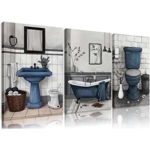 Navy Blue Bathroom Canvas Wall Art Rustic Blue Bathroom Painting Pictures Wall Decor Fun Blue Bathtub and Toilet Poster Printing Artwork for Washroom Restroom Home Decoration