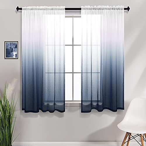 Navy Blue Bathroom Curtains for Window 2 Panels Rod Pocket Small Short Ombre Sheer Curtains for Shower Room 42 x 45 Inch Length Blue and White