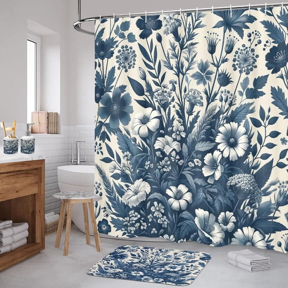 Navy Blue Bathroom Decor Set 4 Pcs Including Shower Curtain with Hooks Bath Mat Soap Dispenser Toothbrush Holder in Box Essentials & Accessories, Boho Art, Dark Slate Blue Coconut