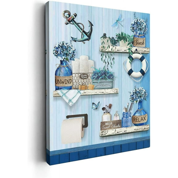 Navy Blue Bathroom Decor Wall Art Farmhouse Flower and Anchor Turtle Poster Blue Bathroom Picture Canvas Print Décor for Bathroom Bedroom Framed Artwork 12x16 inch