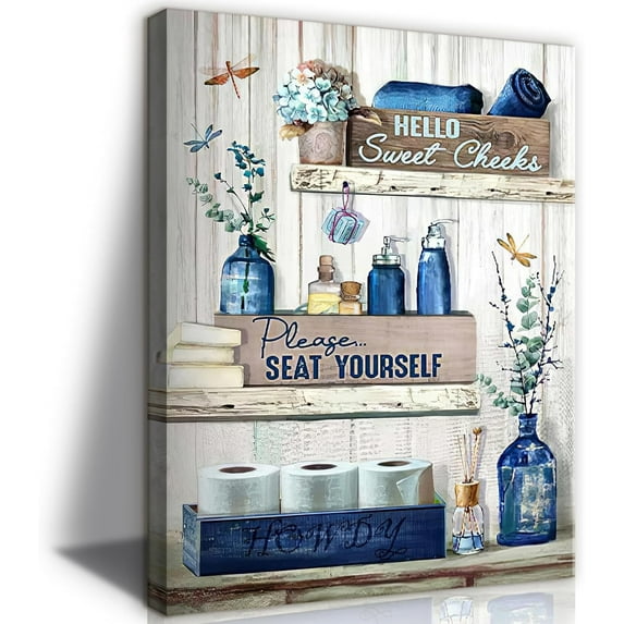 Navy Blue Bathroom Decor Wall Art Rustic Blue Bathroom Canvas Wall Decor Bathroom Please Seat Yourself Sign Print Painting Vintage Aesthetic Bathroom Picture Artwork Decor(12x16in)