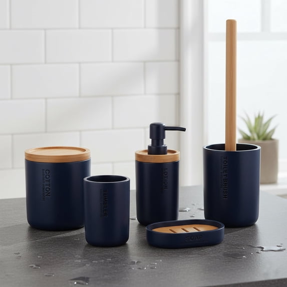 Navy Blue Bathroom Essentials Set with Natural Bamboo - 5 pieces