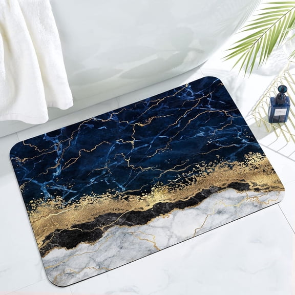 Navy Blue Bathroom Rug Mat, Abstract Gold Marble Bath Mats for Bathroom Non Slip, Bathroom Carpet Shower Floor Mat Washable 16"x24"