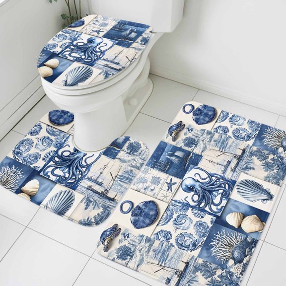 Navy Blue Bathroom Rugs Set Ocean Octopus Shell Sailing Ship Patchwork Retro Non Slip Absorbent Soft Bath Mats 3 Piece Set with Bathroom Rug, U-Shaped Floor Mat, Toilet Seat Cover Large Size