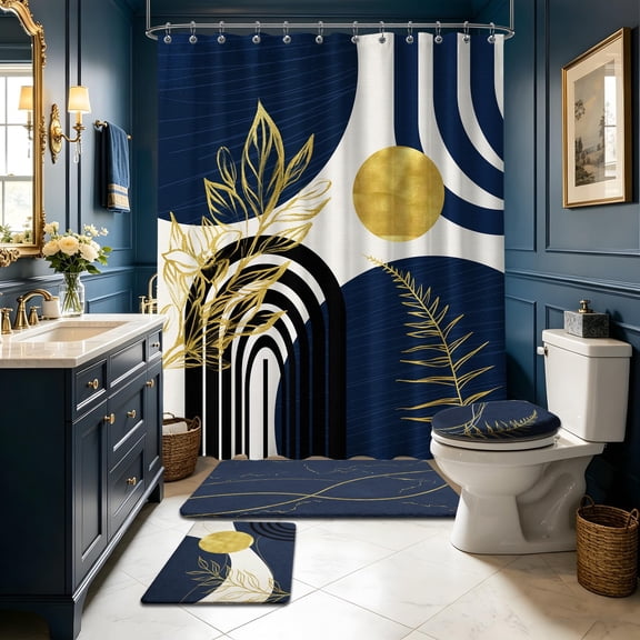 Navy Blue Bathroom Shower Curtain Sets with Rugs, Dark Blue Mid Century Modern Shower Curtain and Bath Mat Set Masculine Mens Bathroom Decor 4 Piece with Toilet Lid Cover