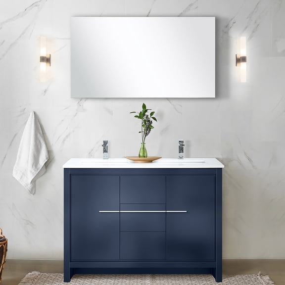 Navy Blue Bathroom Vanity 48 in. Wide | Includes Chrome Faucet Set | Ample Storage with Open Shelf