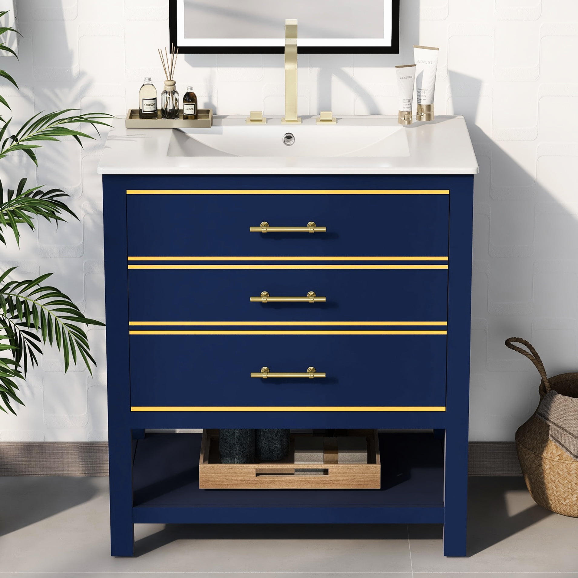 Navy Blue Bathroom Vanity Cabinet With Open Storage. Two Drawers For ...