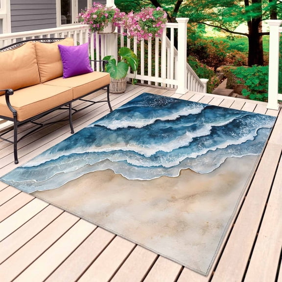 Navy Blue Beach Coastal Outdoor Rug for Patio/Deck/Porch, Non-Slip Large Area Rug 3 x 5 Ft, Summer Nautical Sea Ocean Indoor Outdoor Rugs Washable Area Rugs, Reversible Camping Rug Carpet Runner