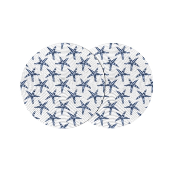 Navy Blue Beach Starfish Round 13 Inch Placemats Set of 2, Summer Ocean Nautical Coastal HeatResistant Non Slip Place Mats for Dining Table, Wipeable Braided Kitchen Table Mats for Housewarming