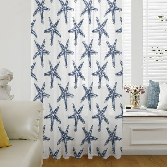 Navy Blue Beach Starfish Semi Sheer Curtains Drapes for Living Room, Bedroom, French Doors Window 84 Inches Long, Summer Ocean Nautical Coastal Rod Pocket Chiffon Curtain Drapery Voile Drape Panel