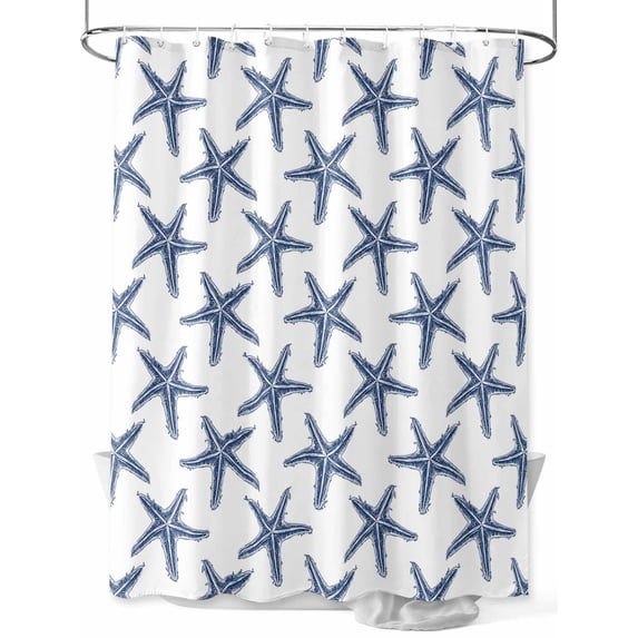 Navy Blue Beach Starfish Shower Curtain Set, Waterproof Shower Curtains for Bathroom, Summer Ocean Nautical Coastal Washable Fabric Cloth Bath Curtain for Bathtub Decoration with Hooks 48x72 Inches