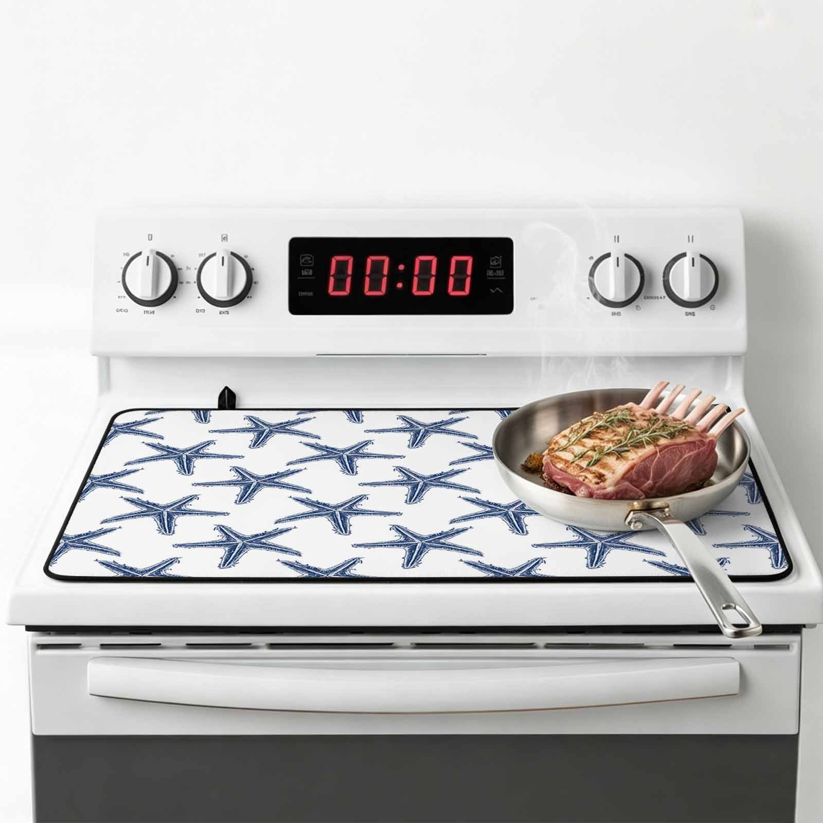 Navy Blue Beach Starfish Stove Top Cover for Electric Stove, Heat-proof & Non Slip Glass Top Stove Cover Protector, Summer Ocean Nautical Coastal Kitchen Flat Cooktop Rubber Mat 28.5x20.5 Inches