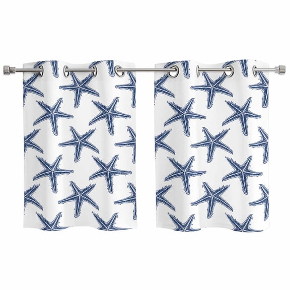 Navy Blue Beach Starfish Window Curtains Panels with Silver Grommet,Summer Ocean Nautical Coastal Kitchen Cafe Curtain Draperies Window Treatment Set for Living Room/Bedroom/Bathroom/Cafe,55x39