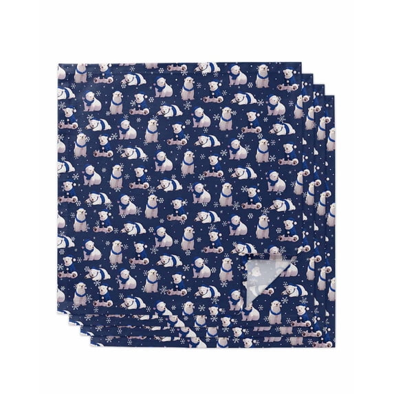 Navy Blue Bear Christmas Cloth Napkins Set of 4, Winter Xmas Snowflake Washable Reusable Dinner Cocktail Napkin for Kitchen Party Wedding Banquet Holiday Baby Shower Table Decor