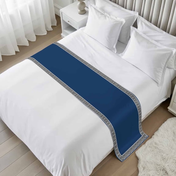Navy Blue Bed Runner, Satin Bed Throw Runner for Queen Size Beds, Black Modern Geometric Abstract Art Aesthetics Decorative Bedding Scarf for Bedroom Hotel Wedding Room Guestrooms 94"x20"
