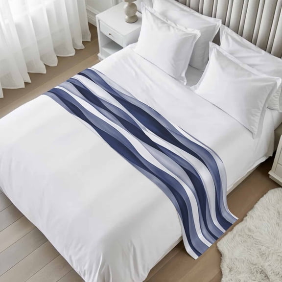 Navy Blue Bed Runner, Satin Bed Throw Runner for Queen Size Beds, Modern Moire Abstract Ripple Geometric Decorative Bedding Scarf for Bedroom Hotel Wedding Room Guestrooms 94"x20"