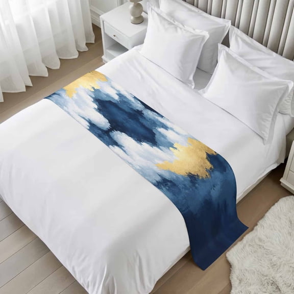 Navy Blue Bed Runner, Satin Bed Throw Runner for Twin Size Beds, Abstract Modern Oil Painting Art Decorative Bedding Dresser Scarf for Foot of Beds Sofa Cabinet End Table 71"x20"