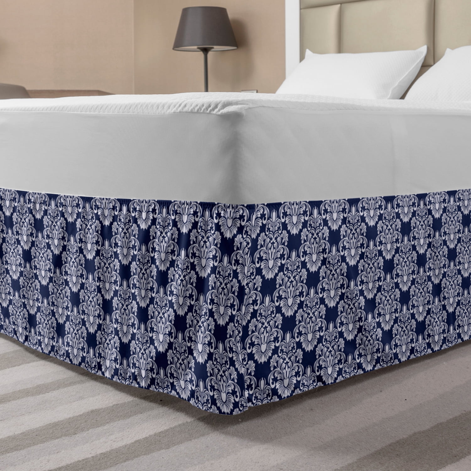 Navy Blue Bed Skirt, Abstract Floral Damask with Antique Victorian ...