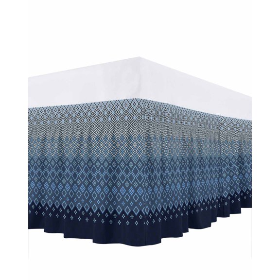 Navy Blue Bed Skirt King Size 16" Drop Gradient Diamond Plaid Ruffled Wrap Around Bed Skirts Adjustable Elastic Bedskirt Dust Ruffle for King Size Bed
