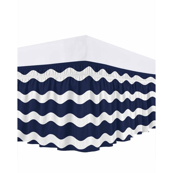 Navy Blue Bed Skirt King Size 16" Drop Wavy Stripes Ruffled Wrap Around Bed Skirts Adjustable Elastic Bedskirt Dust Ruffle for King Size Bed