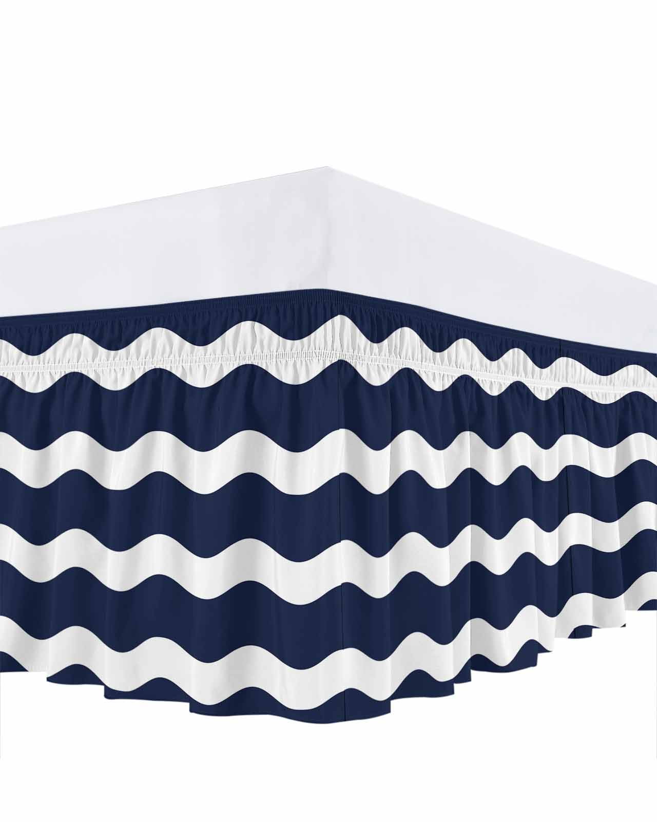 Navy Blue Bed Skirt King Size 16&nbsp;Inch Drop, Wavy Stripes Wrap Around Dust Ruffle Bedskirts, Wrinkle & Fade Resistant Easy Fit Bedskirt with Adjustable Elastic