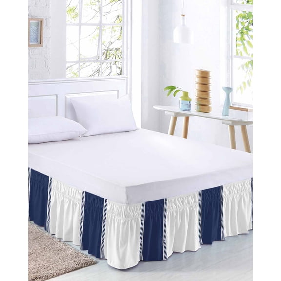 Navy Blue Bed Skirt Queen Size 16 Inch Drop, Stripes Adjustable Elastic Dust Ruffles Bedskirt for Queen Bed Wrap Around Pleated Mattress Frame Cover
