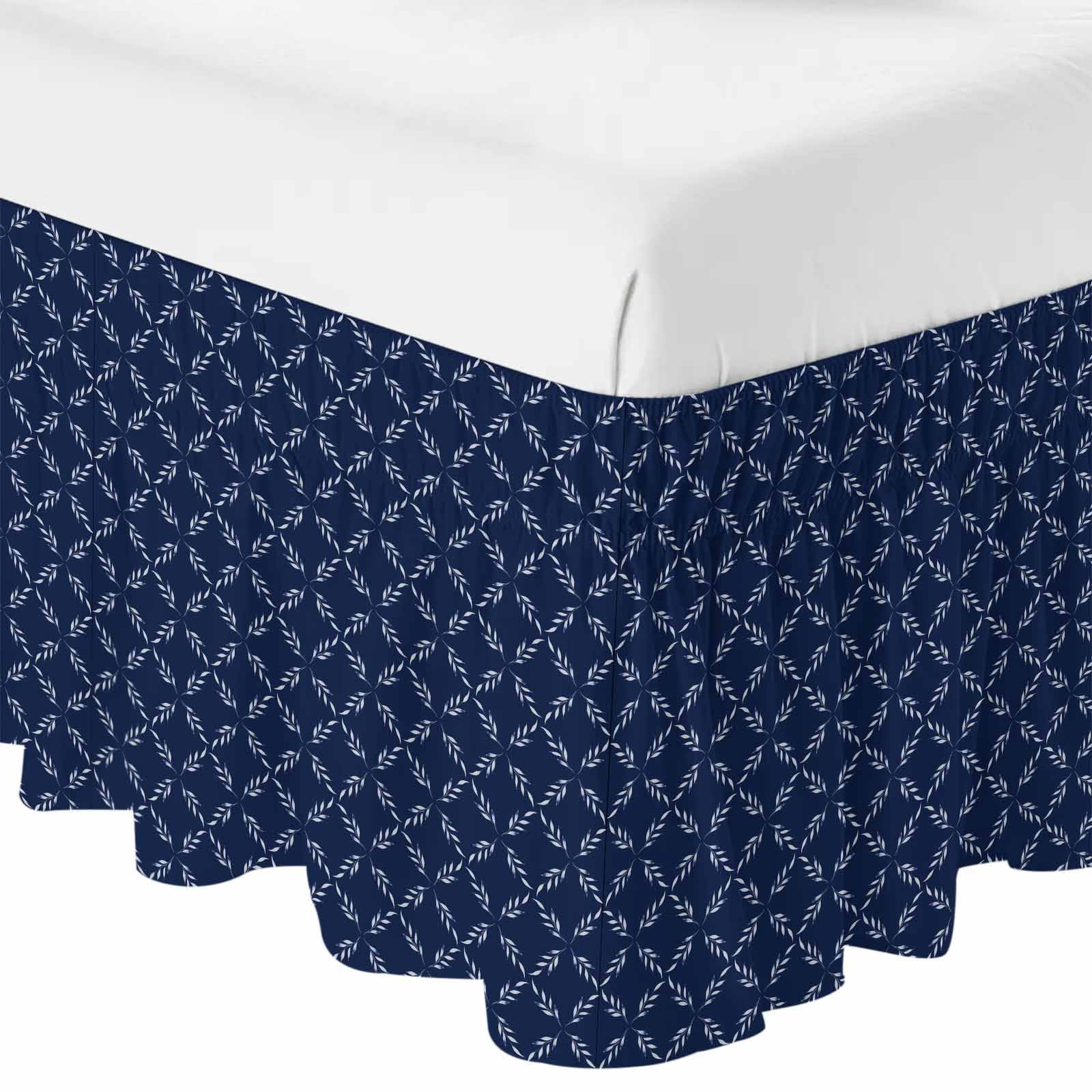 Navy Blue Bed Skirt Queen Size 18 Inch Drop, Adjustable & Elastic Wrap Around Bed Skirts Pleated Dust Ruffles For Twin Full Queen Cal King Base Beds, Geometric Leaf Diamond Plaid Abstract Check