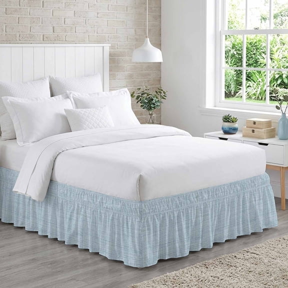 Navy Blue Bed Skirt Queen Size 18 Inch Drop, Linen Texture Modern Abstract Country Minimalist Adjustable Elastic Dust Ruffles Bedskirt for Queen Bed Wrap Around Pleated Mattress Frame Cover