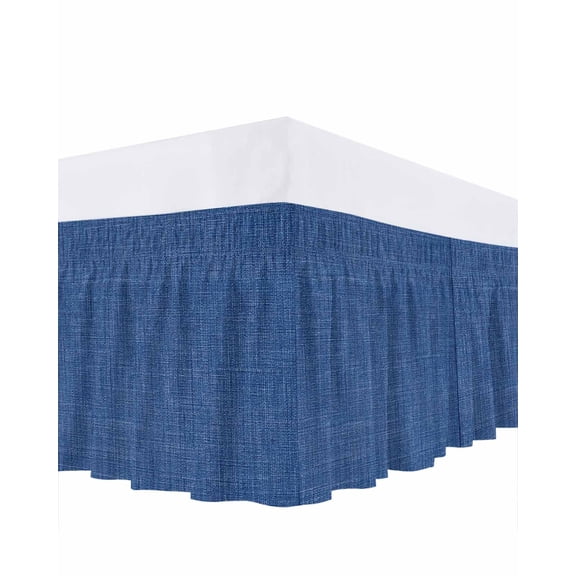 Navy Blue Bed Skirt Queen Size, Vintage Country Monochrome Farmhouse Wrap Around Bed Skirting with Adjustable Elastic Strap, Dust Ruffle Pleated Bedskirts 16 Inch Drop for Bedroom Queen Beds