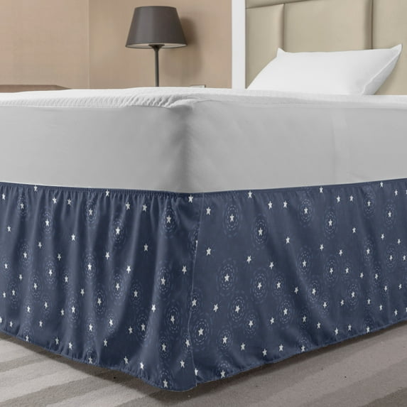 Navy Blue Bed Skirt, Summer Night Sky with Messy Little White Stars and Circles Fun Kids Design, Elastic Bedskirt Dust Ruffle Wrap Around for Bedding Decor, 4 Sizes, Navy Blue White, by Ambesonne