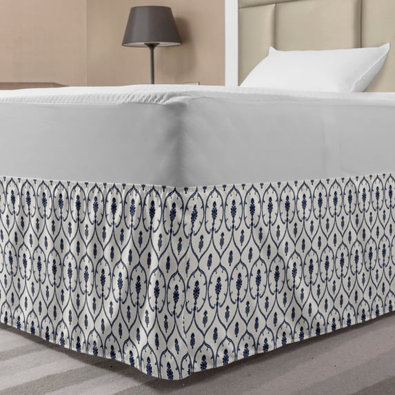 Navy Blue Bed Skirt, Traditional European Ethnic Ornamental Geometric Floral Damask Motifs, Elastic Bedskirt Dust Ruffle Wrap Around for Bedding Decor, 4 Sizes, Off White and Indigo, by Ambesonne