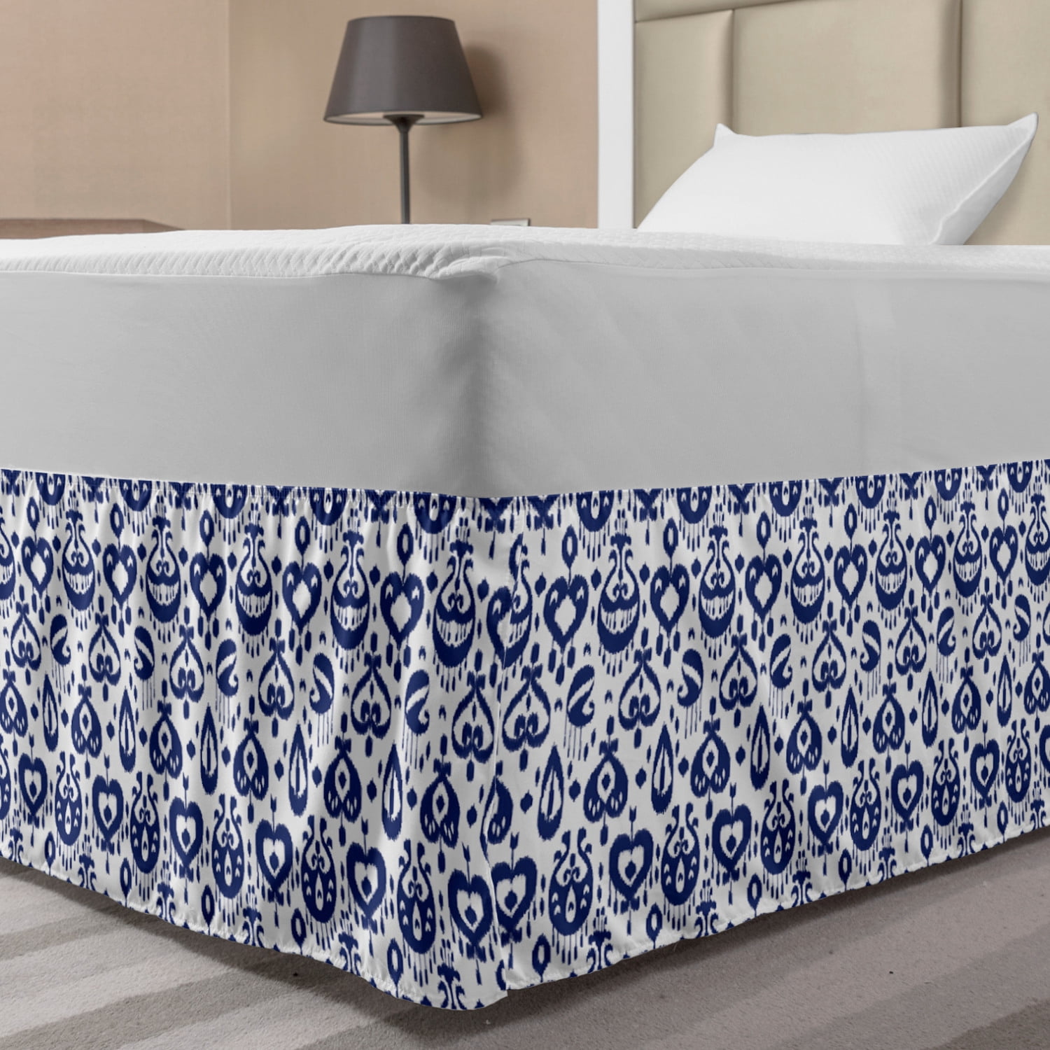 Navy Blue Bed Skirt, Traditional Ikat Pattern Retro Style Composition ...