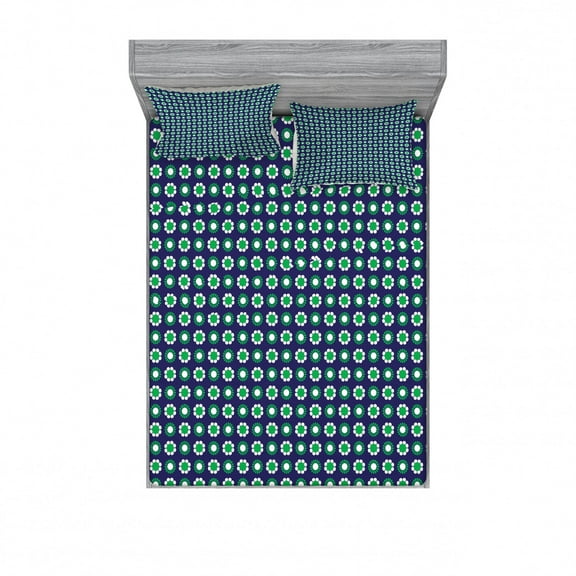 Navy Blue Bedding Set with Sheet & Covers, Floral and Point Design with Green Round Abstract Pattern Print, Printed Bedroom Decor 2 Shams, 4 Sizes, Navy Green and White, by Ambesonne