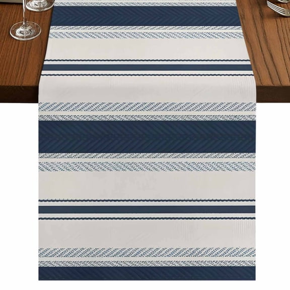Navy Blue Beige 90 Inch Table Runner, Retro Simple Abstract Vertical Stripes Farmhouse Dresser Scarf Cotton & Linen Tablerunner for Dining/Kitchen Island/Holiday Party Décor 13" x 90"