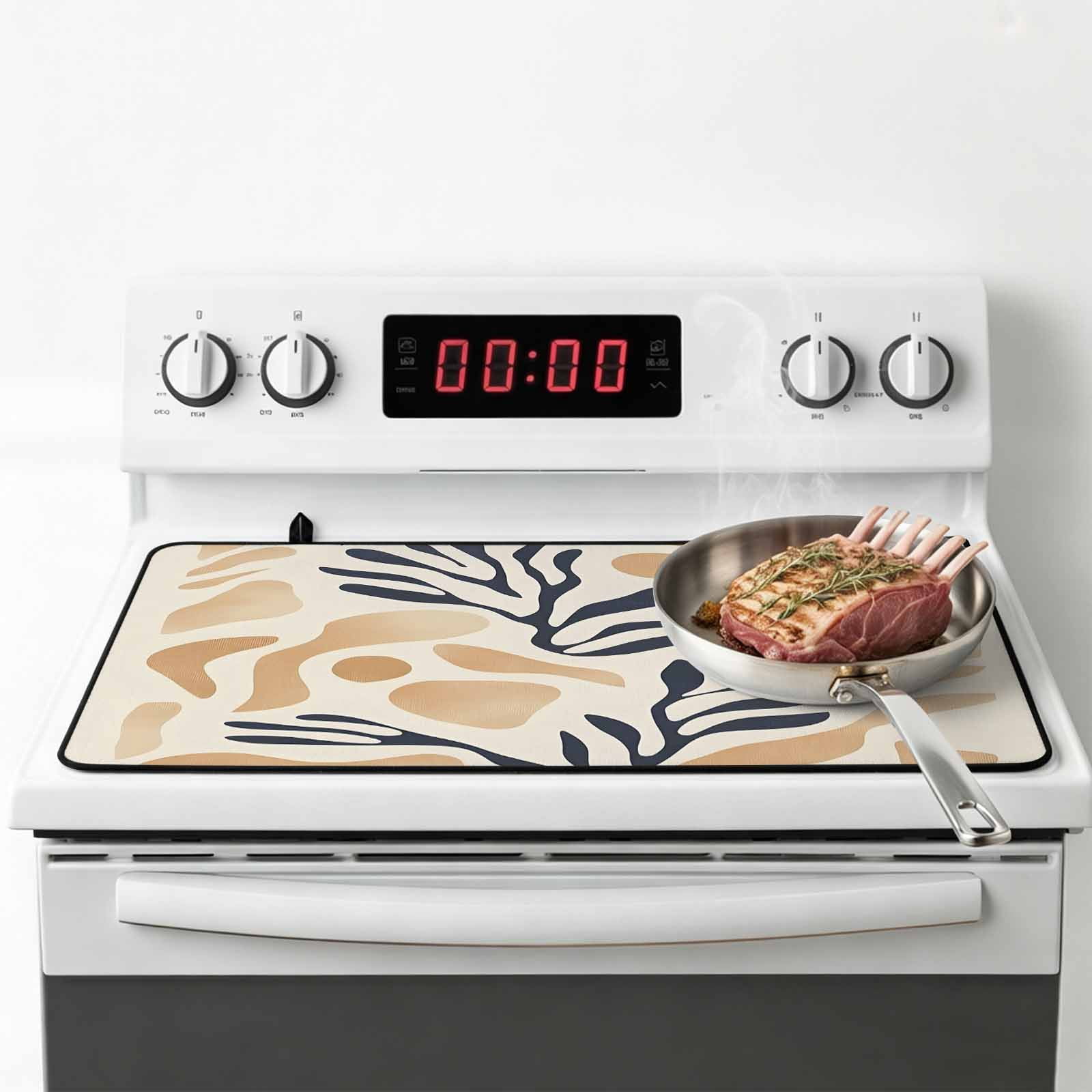 Navy Blue Beige Abstract Stove Top Cover for Electric Stove, Heat-proof & Non Slip Glass Top Stove Cover Protector, Modern Vintage Geometric Kitchen Flat Cooktop Rubber Mat 24x21 Inches