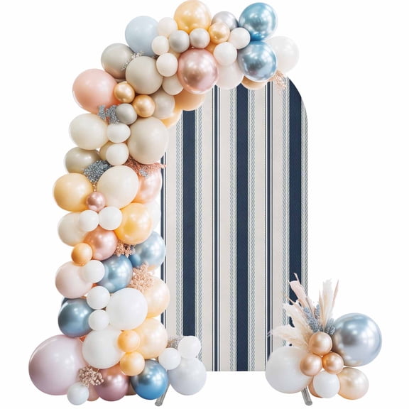 Navy Blue Beige Arch Backdrop Cover 6.6x3.3 Ft, Spandex Wedding Arch Stand Cover, Retro Simple Abstract Vertical Stripes Round Top Stretch Fitted Background Covers for Birthday Ceremony Party Decor