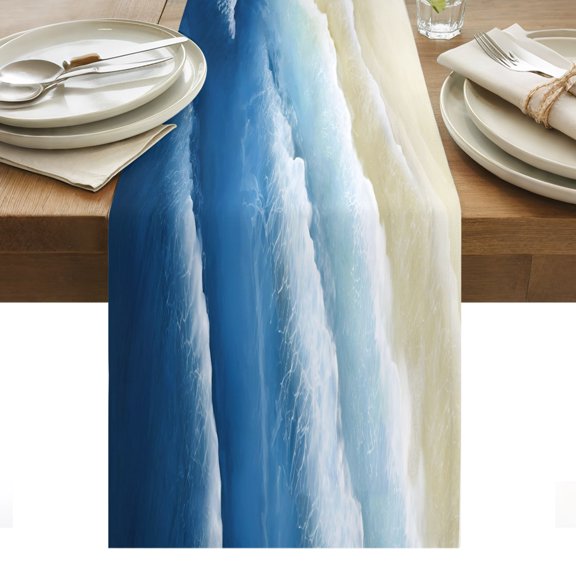 Navy Blue Beige Beach Cotton Linen Table Runner Abstract Gradient Sandy Beach Ocean Waves Dining Table Runners for Home Decor Party Dining Room Restaurant Kitchen Party 13" x 36"