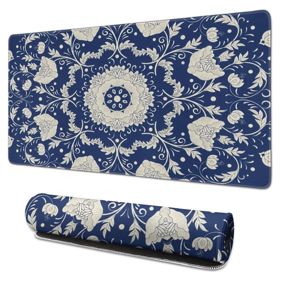 Navy Blue, Beige Bohemian Pattern Extended Mouse Pad, 31.5x15.7in ...