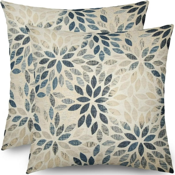 Navy Blue Beige Dahlia Pillow Covers 18x18 Set of 2 Rustic Geometric Flower Outdoor Cream Decorative Throw Pillows Summer Floral Farmhouse Pillowcases Linen Cushion Case Decor for Home Sofa Couch Bed