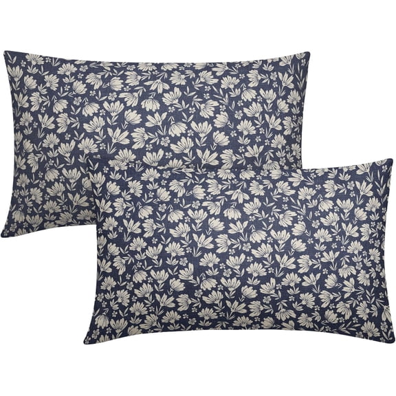 Navy Blue Beige Daisy Floral Lumbar Pillow Covers 12X20 Inch Vintage Flowers Pillow Cases Set of 2 Block Print Cotton Linen Throw Pillows Farmhouse Decor For Sofa Couch Porch Bed Cushion Outdoor