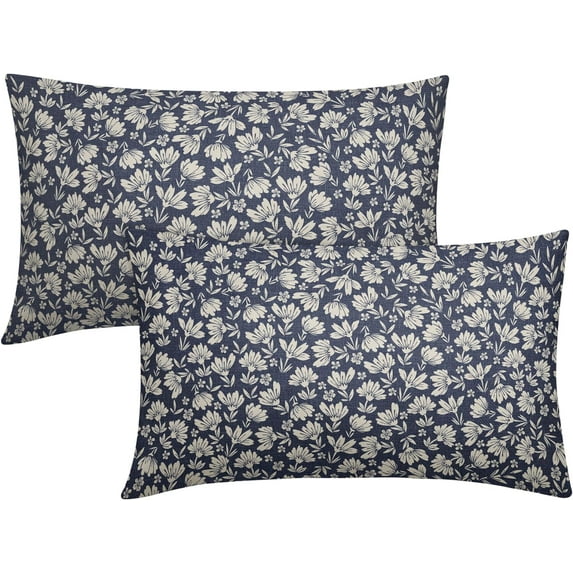 Navy Blue Beige Daisy Floral Lumbar Pillow Covers 12X20 Inch Vintage Flowers Pillow Cases Set of 2 Block Print Cotton Linen Throw Pillows Farmhouse Decor For Sofa Couch Porch Bed Cushion Outdoor