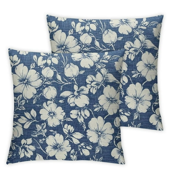 Navy Blue Beige Daisy Floral Lumbar Pillow Covers Vintage Flowers Pillow Cases Set of 2 Block Print Throw Pillows Farmhouse Decor For Sofa Couch Porch Bed Cushion Outdoor