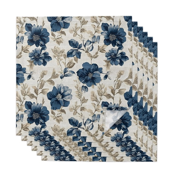 Navy Blue Beige Floral Cloth Napkins, Vintage Farmhouse Floral Leaves Washable and Reusable Dinner Napkins Set of 6, Table Napkin for Kitchen Party Birthday Wedding Hotel Housewarming 20"x20"
