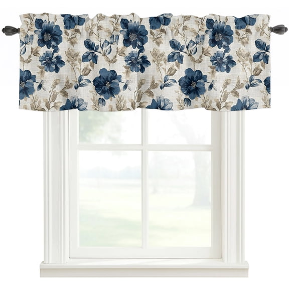 Navy Blue Beige Floral Rod Pocket Curtain Valance, Vintage Farmhouse Floral Leaves Farmhouse Window Valance for Living Room, Bedroom, Kitchen 42"W x 12"L