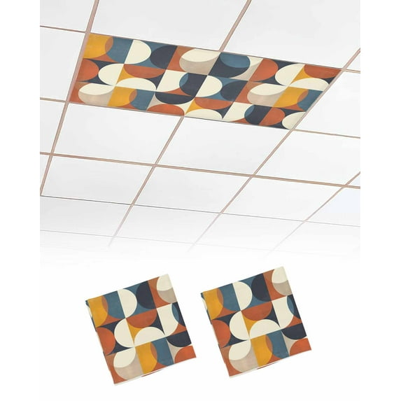 Navy Blue Beige Fluorescent Light Covers for Ceiling Lights 4x2 feet,2 Pack Magnetic Light Filters for Classroom,Middle Century Modern Geometric Abstract Art Fluorescent Light Shade Panel for Office