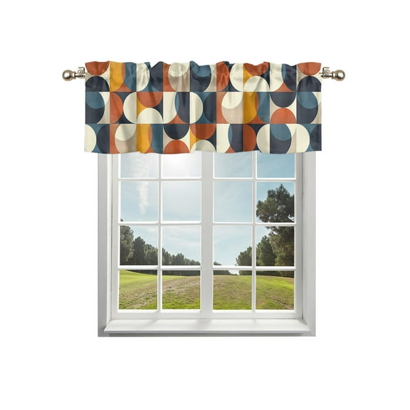 Navy Blue Beige Kitchen Curtain Valances for Windows Farmhouse Short Curtains, Middle Century Modern Geometric Abstract Art Rod Pocket Valance Curtain for Bedroom Cafe Living Room 54"x18"