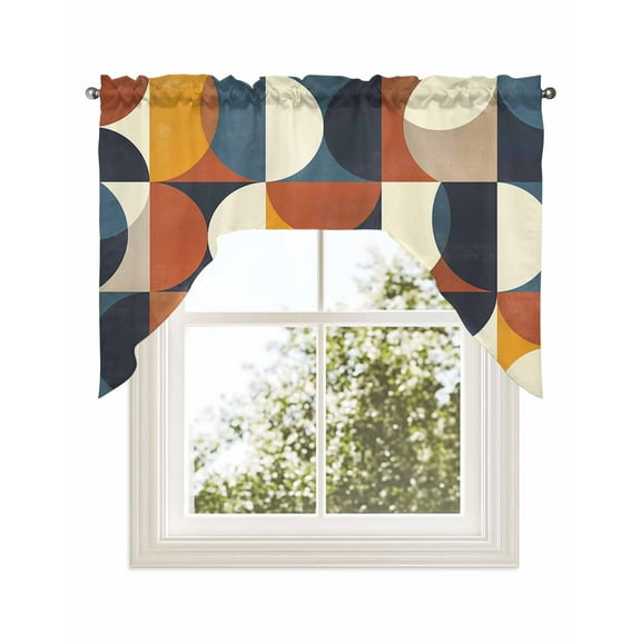 Navy Blue Beige Kitchen Swag Valance for Window,Rod Pocket Short Kitchen Curtains&nbsp;36 Inch Length,Middle Century Modern Geometric Abstract Art Swag Topper Small Window Treatment for Cafe Bathroom