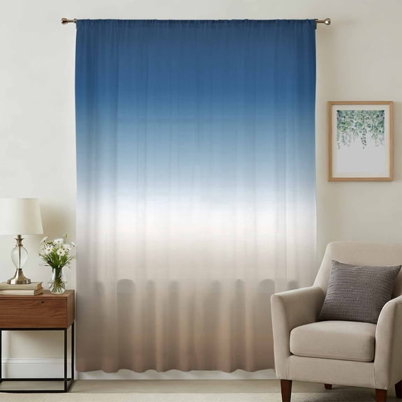 Navy Blue Beige Ombre Cream Sheer Curtains 54 Inches Long, Modern Abstract Art Aesthetics Light Filering Curtains, Breathable Simi Curtain Privacy Drapes for Kitchen Bathroom Small Window Treatment